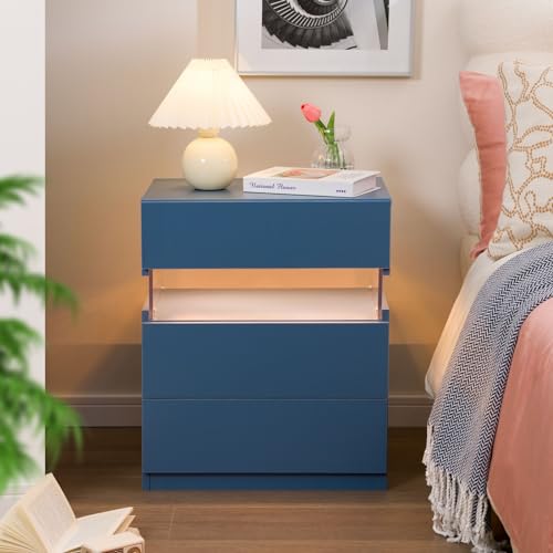 Cubehom LED Nachtschrank Nachttisch mit 3 Schubladen Nachttisch Blau Modern Beistelltisch für Schlafzimmer, Wohnzimmer, Büro, Blau von Cubehom