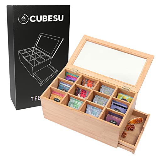 Cubesu Premium Teebox Bambus (30 x 20 x 15 cm) Teebeutel Aufbewahrungsbox mit Sichtscheibe aus Acrylglas - 12 verstellbare Fächer - große Holz Tee Box von Cubesu