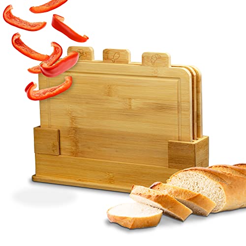 Cubesu Schneidebrett 3er Set aus Bambus (30x20x1,2cm) Holz Schneidebretter mit Saftrille für Gemüse, Fleisch, Brot & Co. - Cutting Board inkl. Ständer von Cubesu