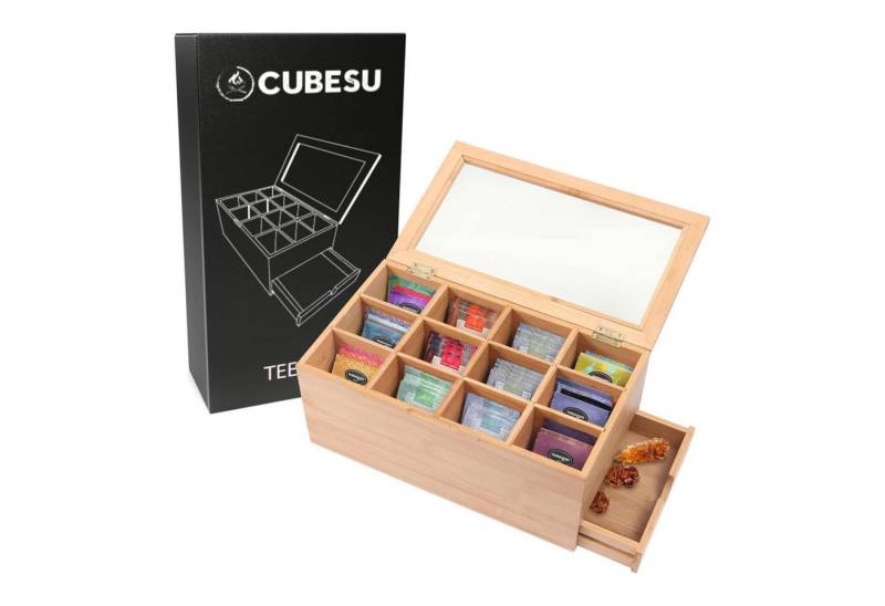 Cubesu Teebox Premium Holz Teebeutelbox Teekiste Teebeutel Box, Bambus, 12 Fächer mit Sichtfenster & Schublade von Cubesu