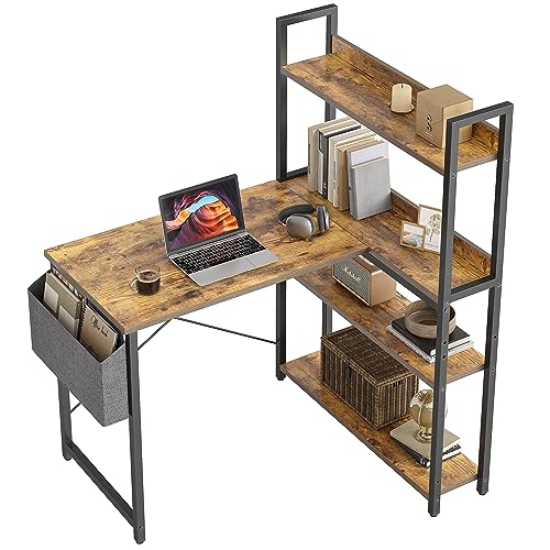 CubiCubi Schreibtisch mit Regal,Eckschreibtisch für Heimbüro,Kleiner L-förmiger Computertisch mit Ablagefächern,Bürotisch mit Aufbewahrungstasche, 100cm Braun. von CubiCubi