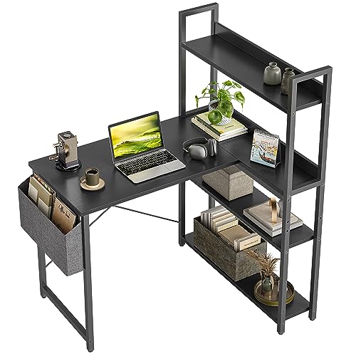 CubiCubi Schreibtisch mit Regal,Eckschreibtisch für Heimbüro,Kleiner L-förmiger Computertisch mit Ablagefächern,Bürotisch mit Aufbewahrungstasche, 100cm Schwarz. von CubiCubi