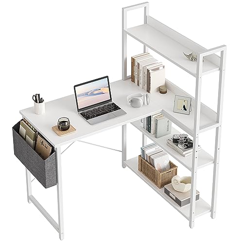 CubiCubi Schreibtisch mit Regal,Eckschreibtisch für Heimbüro,Kleiner L-förmiger Computertisch mit Ablagefächern,Bürotisch mit Aufbewahrungstasche, 100cm Weiß. von CubiCubi