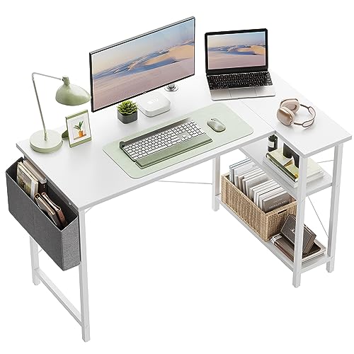 CubiCubi Schreibtisch mit Regalen, Kleiner L-förmiger Eckschreibtisch mit Ablagefächern, Schreibtisch für Heimbüro, Umkehrbarer Computertisch Gaming Tisch,100cm weiß weiße Tischbeine von CubiCubi