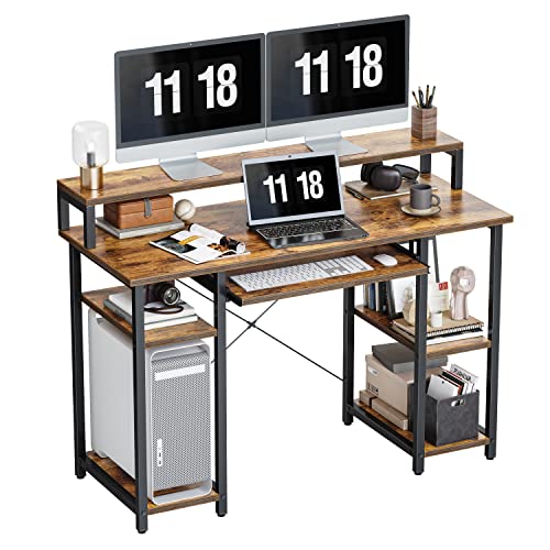 CubiCubi 120 cm Computertisch mit Aufbewahrungsregalen, Monitorständer und Tastaturablage, Schreibtisch für das Home Office, Studiertisch, Braun von CubiCubi