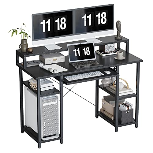 CubiCubi 120 cm Computertisch mit Aufbewahrungsregalen, Monitorständer und Tastaturablage, Schreibtisch für das Home Office, Studiertisch, Schwarz von CubiCubi