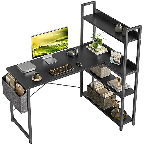 CubiCubi Schreibtisch mit Regal,Eckschreibtisch für Heimbüro,Kleiner L-förmiger Computertisch mit Ablagefächern,Bürotisch mit Aufbewahrungstasche, 120cm Schwarz. von CubiCubi