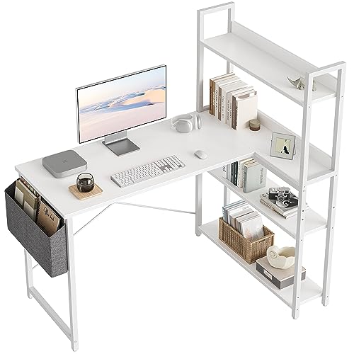 CubiCubi Schreibtisch mit Regal,Eckschreibtisch für Heimbüro,Kleiner L-förmiger Computertisch mit Ablagefächern,Bürotisch mit Aufbewahrungstasche, 120cm Weiß von CubiCubi