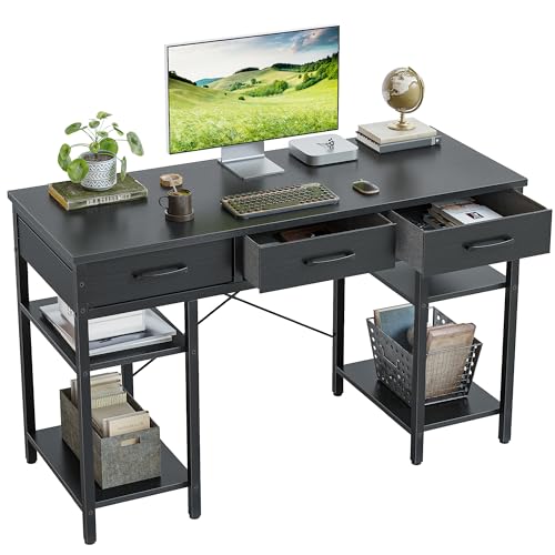 CubiCubi 120 x 50 cm Schreibtisch mit 3 Schubladen und 4 Ablagen, Home-Office Computertisch, Gaming Schreibtisch, Schwarz von CubiCubi