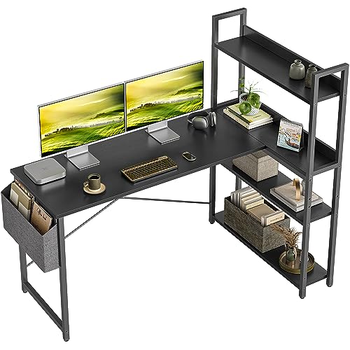 CubiCubi Schreibtisch mit Regal,Eckschreibtisch für Heimbüro,Kleiner L-förmiger Computertisch mit Ablagefächern,Bürotisch mit Aufbewahrungstasche, 140cm Schwarz. von CubiCubi