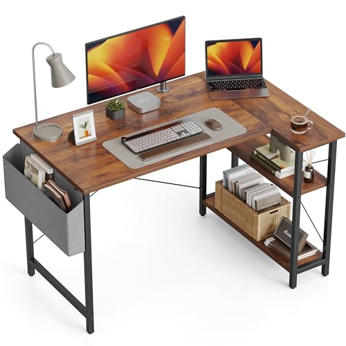CubiCubi Schreibtisch mit Regalen, Kleiner L-förmiger Eckschreibtisch mit Ablagefächern, Schreibtisch für Heimbüro Kleiner Raum, Umkehrbarer Computertisch Gaming Tisch, 120cm Braun von CubiCubi