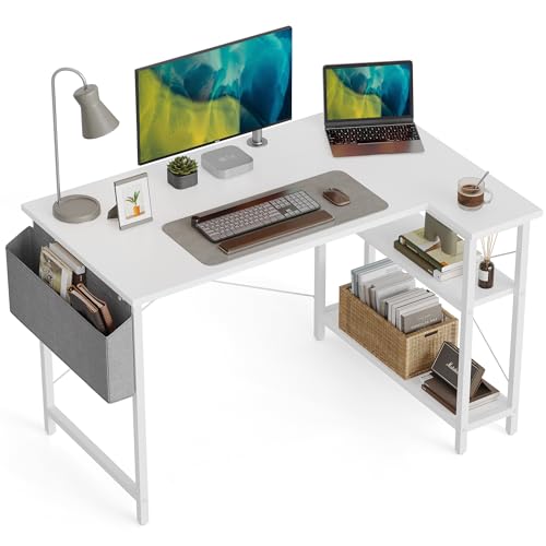 CubiCubi Computertisch mit Ablagefächern, 120cm Schreibtisch Kleiner L-förmiger Eckschreibtisch mit Regalen, Umkehrbarer Computertisch Schreibtisch mit Bücherregal, Weiß von CubiCubi