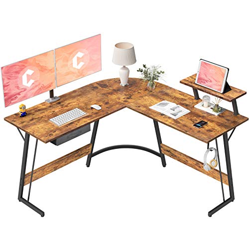 CubiCubi Eckschreibtisch Studie 130 x 130 cm, Stabil Schreibtisch l Form für Büro, Pc Ecktisch Computertisch Mit Monitorständer und Schubladen, Platzsparend, Einfach zu Montieren Eck Tisch, Braun von CubiCubi