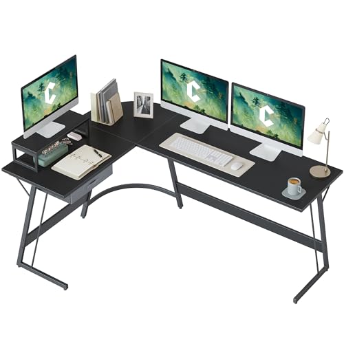 CubiCubi Eckschreibtisch Studie 170 x 120 cm, Stabil Schreibtisch l Form für Büro, Computertisch Mit Monitorständer und Schubladen, Platzsparend, Einfach zu Montieren Eck Tisch, Schwarz von CubiCubi