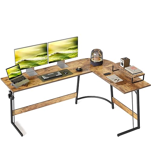 CubiCubi Eckschreibtisch Studie 170 x 120 cm, Stabil Schreibtisch l Form für Büro, Pc Ecktisch Computertisch Mit Monitorständer und Schubladen, Platzsparend, Einfach zu Montieren Eck Tisch, Braun von CubiCubi