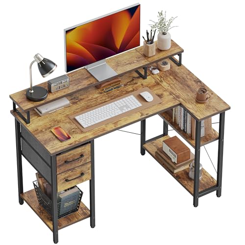 CubiCubi Eckschreibtisch mit Regal und Schublade – 120x70 cm Computertisch L-Form, Bürotisch mit Monitorständer & Stauraum, Schreibtisch für Home Office, Arbeit & Gaming, Braun von CubiCubi