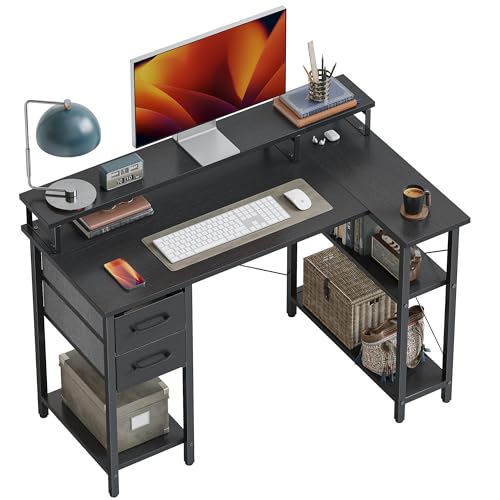 CubiCubi Eckschreibtisch mit Regal und Schublade – 120x71 cm Computertisch L-Form, Bürotisch mit Monitorständer & Stauraum, Schreibtisch für Home Office, Arbeit & Gaming, Schwarz von CubiCubi