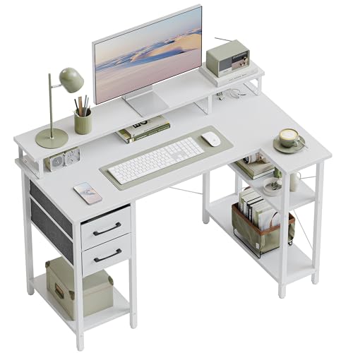 CubiCubi Eckschreibtisch mit Regal und Schublade – 120x72 cm Computertisch L-Form, Bürotisch mit Monitorständer & Stauraum, Schreibtisch für Home Office, Arbeit & Gaming,Weiß von CubiCubi