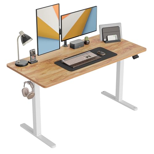 CubiCubi Schreibtisch Höhenverstellbar Elektrisch, 140 x 60 cm Stehpult T-Beine aus Stahl mit Funktions-Memory-Steuerung, Anti-kollisions System, Weiß Rahmen/Hellbraun Tischplatte von CubiCubi