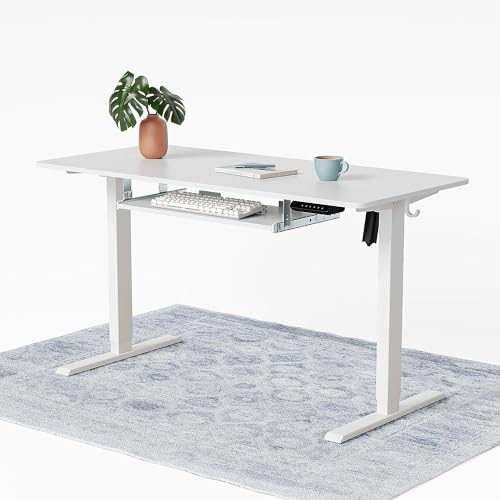 CubiCubi Elektrischer Stehschreibtisch mit Tastaturablage, 100 x 60 cm Stehtisch, Stehpult T-Beine aus Stahl mit 3-Funktions-Memory-Steuerung, Anti-kollisions System, Rollen, Weiß von CubiCubi