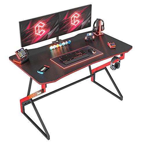 CubiCubi Gaming Schreibtisch, 120 x 60 cm Esport Ergonomischer Computertisch Tisch mit Kohlefaseroberfläche, stabiles Z-Gestell, Kopfhörerhaken zum Spielen, Lernen, Zuhause, Schlafzimmer, Schwarz von CubiCubi