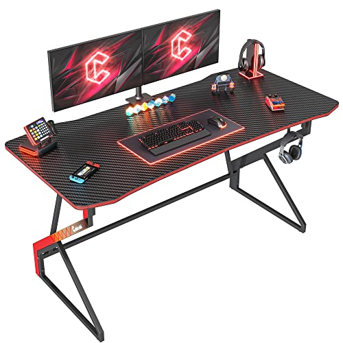 CubiCubi Gaming Schreibtisch, 140 x 60 cm Esport Ergonomischer Computertisch Tisch mit Kohlefaseroberfläche, stabiles Z-Gestell, Kopfhörerhaken zum Spielen, Lernen, Zuhause, Schlafzimmer, Schwarz von CubiCubi