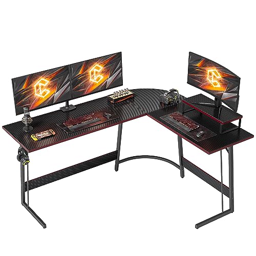 CubiCubi Gaming Tisch Eckschreibtisch 170 x 120 cm, Schreibtisch l Form mit Kohlefaseroberfläche, Pc Ecktisch Computertisch Mit Monitorständer und Schubladen, Einfach zu Montieren Eck Tisch, Schwarz von CubiCubi