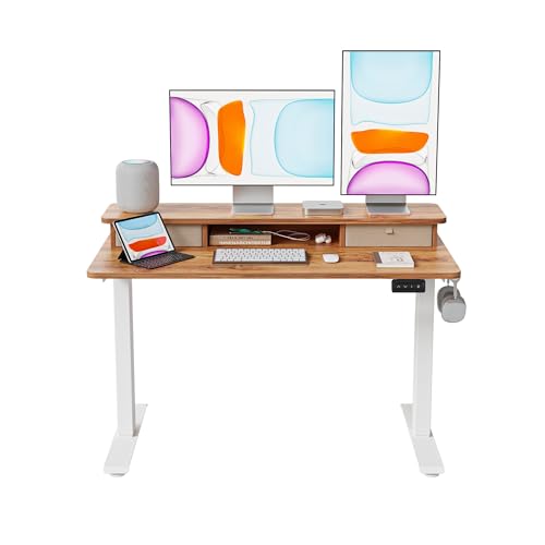 CubiCubi Höhenverstellbarer Elektrischer Stehtisch mit Doppelschublade, 120 x 60 cm Stehtisch mit Ablage, Sitz-Steh-Schreibtisch mit Verbindungsplatte,Weißer Rahmen/Hellbraun Oberfläche von CubiCubi