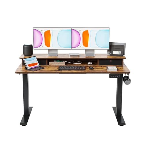 CubiCubi Höhenverstellbarer Elektrischer Stehtisch mit Doppelschublade, 140 x 60 cm Stehtisch mit Ablage, Sitz-Steh-Schreibtisch mit Verbindungsplatte,Schwarzer Rahmen/Rustikal Braun Oberfläche von CubiCubi