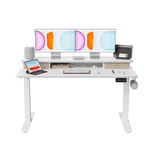 CubiCubi Höhenverstellbarer Elektrischer Stehtisch mit Doppelschublade, 140 x 60 cm Stehtisch mit Ablage, Sitz-Steh-Schreibtisch mit Verbindungsplatte,Weißer Rahmen/Weiße Oberfläche von CubiCubi