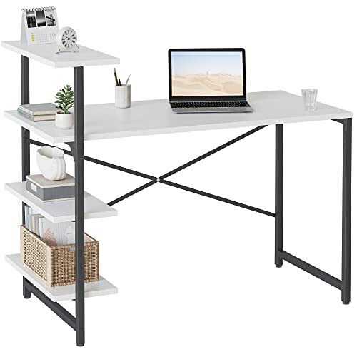 CubiCubi Kleiner Schreibtisch mit Regal, 120 x 60 cm, 3-stöckiges Computertisch, stabiles Stahlgestell, in Weiß2. von CubiCubi