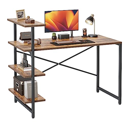 CubiCubi Kleiner Schreibtisch mit Regal 100 x 50 cm, 3-stöckiges Regal Computertisch, Pc Gaming Tisch, Einfach zu installierender Schreibtisch, Stabil Stahlgestell schreibtische, Braun von CubiCubi