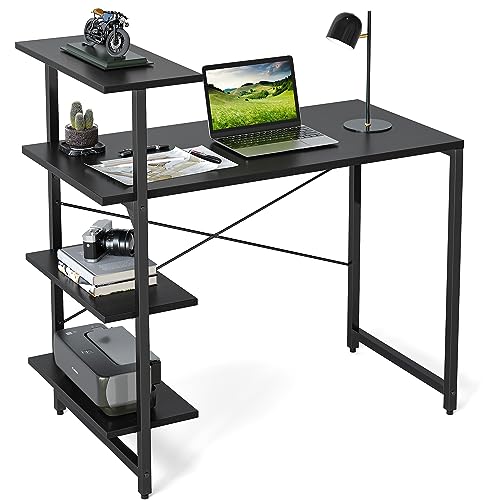 CubiCubi Kleiner Schreibtisch mit Regal 100 x 50 cm, 3-stöckiges Regal Computertisch, Pc Gaming Tisch, Einfach zu installierender Schreibtisch, Stabil Stahlgestell schreibtische, Schwarz von CubiCubi