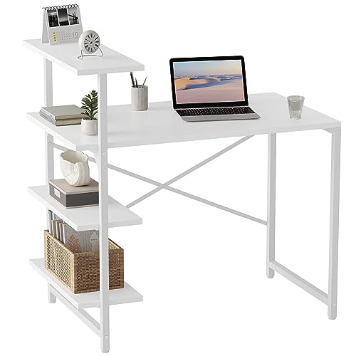 CubiCubi Kleiner Schreibtisch mit Regal 100 x 50 cm, 3-stöckiges Regal Computertisch, Pc Gaming Tisch, Einfach zu installierender Schreibtisch, Stabil Stahlgestell schreibtische, Weiß/Weiß von CubiCubi