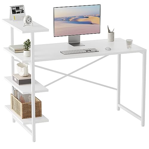 CubiCubi Kleiner Schreibtisch mit Regal 120 x 50 cm, 3-stöckiges Regal Computertisch, Pc Gaming Tisch, Einfach zu installierender Schreibtisch, Stabil Stahlgestell schreibtische, Weiß/Weiß von CubiCubi