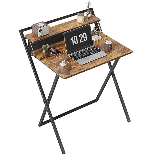 CubiCubi Kleiner klappbarer Schreibtisch, 60 cm klappbarer Computertisch mit Regal und Aufbewahrungstasche, kein Zusammenbau erforderlich, Home Office, Kleiner Arbeitstisch, Braun von CubiCubi