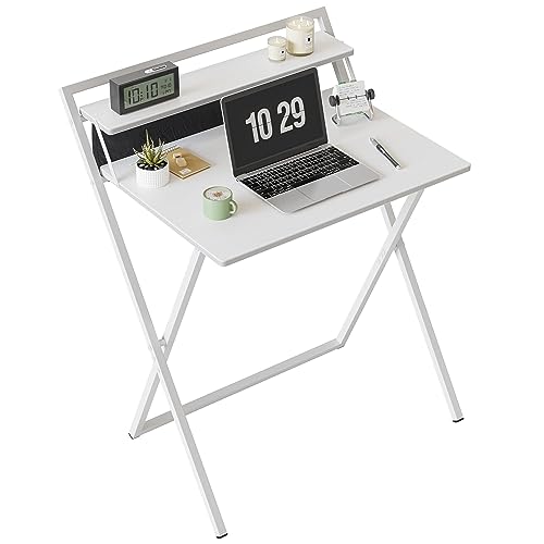 CubiCubi Kleiner klappbarer Schreibtisch, 60 cm klappbarer Computertisch mit Regal und Aufbewahrungstasche, kein Zusammenbau erforderlich, Home Office, Kleiner Arbeitstisch, Weiß. von CubiCubi