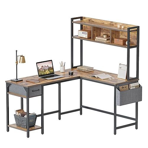 CubiCubi Schreibtisch L Form 148x120cm, Eckschreibtisch mit Schubladen, Regal und Seitentaschen, Computertisch für Homeoffice und Gaming, Vintagebraun von CubiCubi