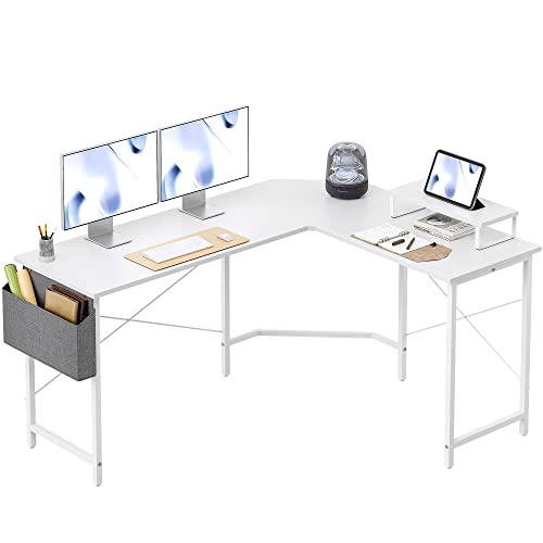 CubiCubi L-förmiger Computertisch, 150 x 120 cm PC-Tisch, Stabiler Schreibtisch für Gaming, Eckschreibtisch mit Monitorständer und Aufbewahrungstasche, ecktisch groß bürotisch, Weiß/Weiß von CubiCubi