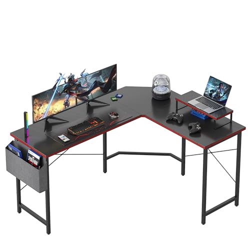 CubiCubi Gaming Tisch Eckschreibtisch 150x120cm, Schreibtisch mit Monitorständer und Seitlicher Aufbewahrungstasche, Gaming Schreibtisch L Form, Computertisch, Kohlefaser Schwarz von CubiCubi