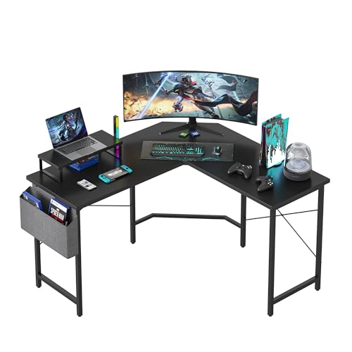 CubiCubi Gaming Tisch Eckschreibtisch 120x120cm, Schreibtisch mit Monitorständer und Seitlicher Aufbewahrungstasche, Gaming Schreibtisch L Form, Computertisch, Schwarz von CubiCubi