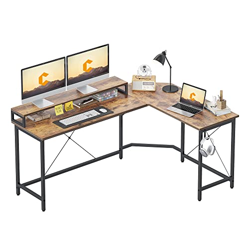 CubiCubi L-förmiger Schreibtisch, 67 Zoll Eckschreibtisch, Home Office Studien - und Schreibarbeitsstation mit Monitorständer, einfach zu montieren, braun von CubiCubi