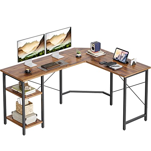 CubiCubi L-förmiger Schreibtisch mit Regalen, 150x120 cm, Eckschreibtisch, L-förmiger Gaming-Schreibtisch, Homeoffice-Schreibtisch, Tiefes Braun von CubiCubi