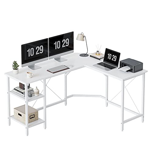 CubiCubi L-förmiger Schreibtisch mit Regalen, 150x120 cm, Eckschreibtisch, L-förmiger Gaming-Schreibtisch, Homeoffice-Schreibtisch, Weiß von CubiCubi