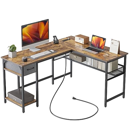 CubiCubi Moderner L-förmiger Computertisch, Mit Steckdose, 148 x 120 cm PC-Tisch, Stabiler Schreibtisch, Eckschreibtisch ecktisch groß bürotisch, Braun von CubiCubi