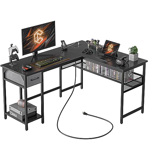 CubiCubi Moderner L-förmiger Computertisch, Mit Steckdose, 148 x 120 cm PC-Tisch, Stabiler Schreibtisch, Eckschreibtisch ecktisch groß bürotisch, Schwarz von CubiCubi