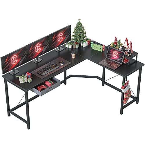 CubiCubi Moderner L-förmiger Computertisch, 170 x 120 cm PC-Tisch, Stabiler Schreibtisch für Gaming, Eckschreibtisch mit Monitorständer und Schublade, ecktisch groß bürotisch, Schwarz von CubiCubi