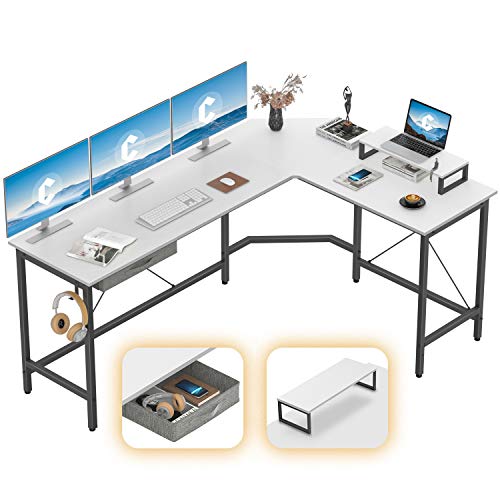 CubiCubi Moderner L-förmiger Computertisch, 170 x 120 cm PC-Tisch, Stabiler Schreibtisch für Gaming, Eckschreibtisch mit Monitorständer und Schublade, ecktisch groß bürotisch, Weiß von CubiCubi