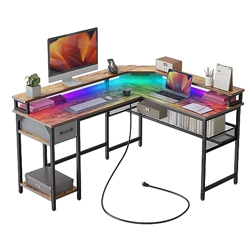 CubiCubi Moderner L-förmiger Computertisch, Mit LED-Licht und Steckdose, 148 x 120 cm PC-Tisch, Stabiler Schreibtisch, Eckschreibtisch, Braun von CubiCubi