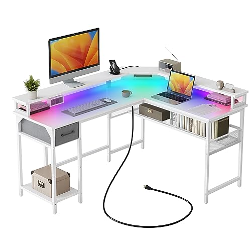 CubiCubi Moderner L-förmiger Computertisch, Mit LED-Licht und Steckdose, 148 x 120 cm PC-Tisch, Stabiler Schreibtisch, Eckschreibtisch, Weiß von CubiCubi